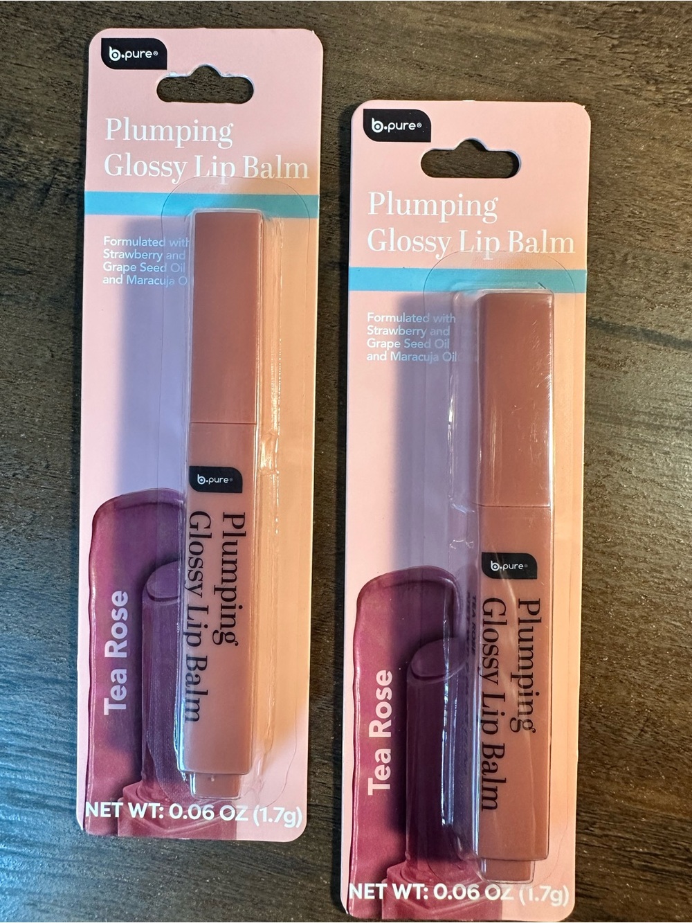 B PURE 2pk Plumping Glossy Lip Balm ~ Tea Rose ~ Strawberry & Grape Seed Oil